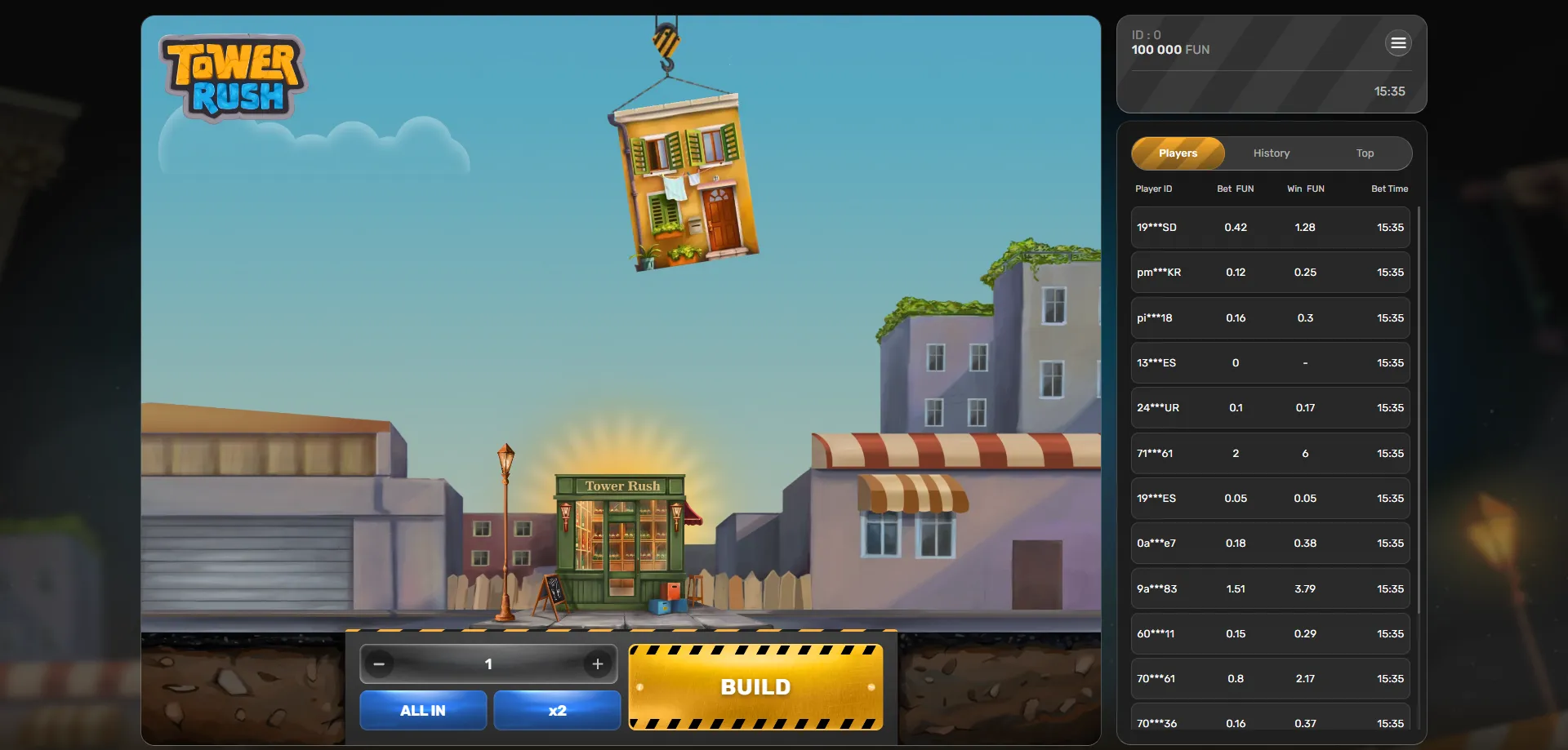 Tower Rush crash game overview — tower building mechanic by Galaxsys
